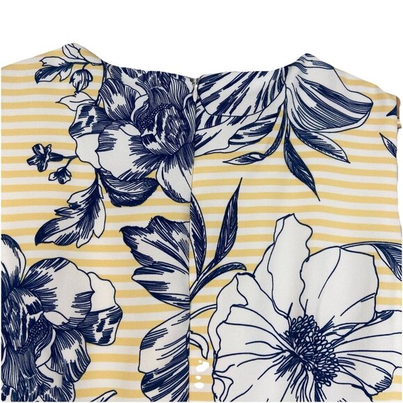 R & K Dress Yellow Stripes Blue Floral Pleated Skirt Knee Length Retro Size 14 - Picture 5 of 13